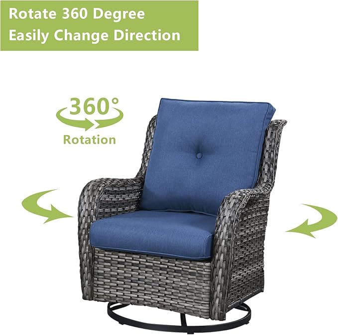 Outdoor Wicker Patio Furniture Set - 6 Piece Rattan Patio Conversation Set with 2 Rocking Swivel Chairs,2 Ottomans,1 Sofa and 1 Coffee Table for Porch Deck Backyard Garden(Mixed Grey/Blue)