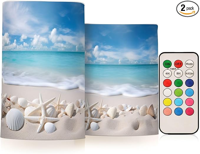 Flickering Flameless Candles, Starfishes Seashells Beach Blue Sky LED Candles with Remote Timer, Set of 2 Battery Operated Candle for Valentine Wedding Birthday