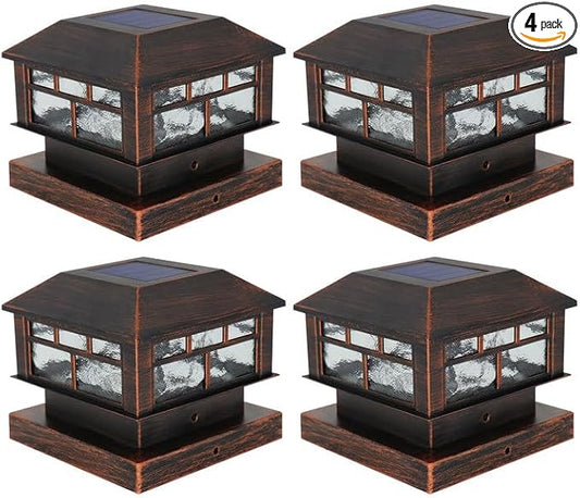 Solar Post Lights Outdoor, 20LM Fence Post Cap Lights, Waterproof, 2 Light Modes, Fit 3.5x3.5in 4x4in 5x5in Wooden Post, Solar Power Deck Lights for Garden Deck Patio Decoration(Bronze 4Pack)