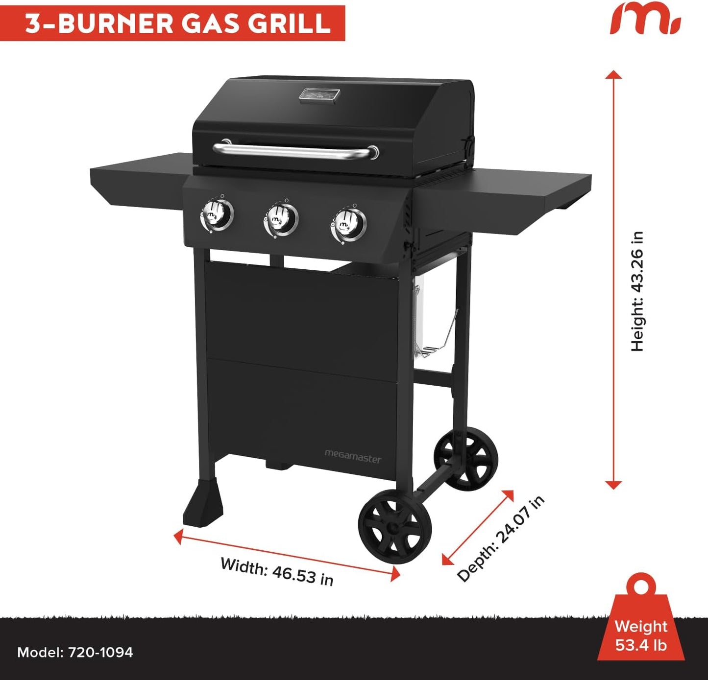 3-Burner Propane Gas Grill with Side Tables, 30,000BTUs, 429.81 SQ. In. Cooking Space, 2 Wheel Transport, Outdoor Kitchen Grill for BBQs, Backyards, Tailgating, and More - 720-1094