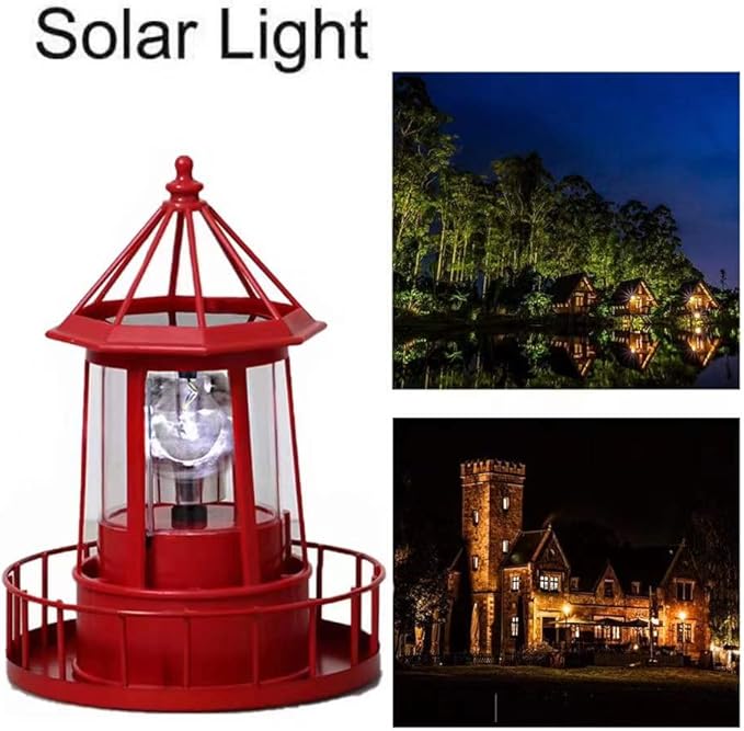LED Solar Powered Lighthouse, 360 Degree Rotating Lamp Courtyard Decoration Waterproof Garden Smoke Towers Statue Lights for Outdoor Patio Garden Pathway