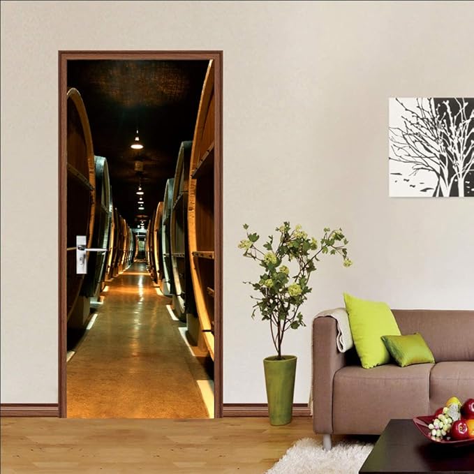 3D Door Stickers Murals - Peel & Stick Wine Cellar Theme - Removable PVC Waterproof Door Poster (31.5" x 78.7")
