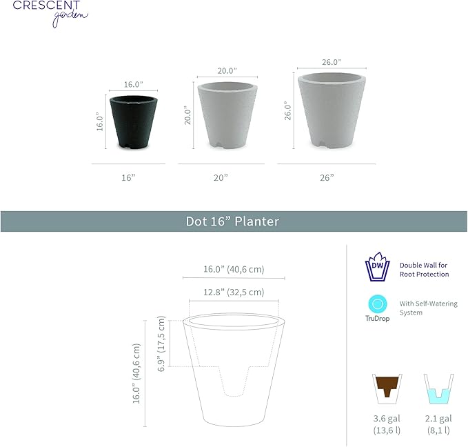 Crescent Garden Dot TruDrop Indoor/Outdoor Planter, Self-Watering Modern Plant Pot, 16 Inches, (Ash)