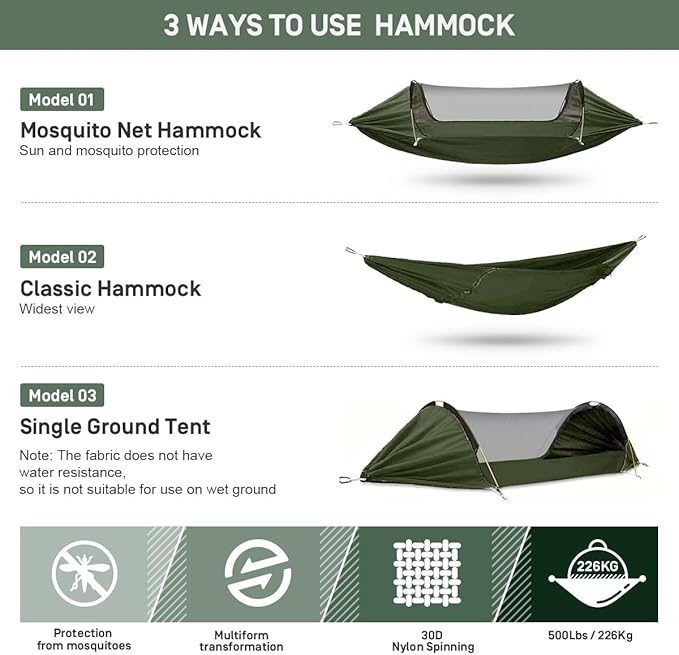 ETROL Camping Hammock with Mosquito Net,3 in 1 Function Parachute Portable Hammock,Double & Single Hammocks Tent for Travel Outdoor Indoor Hiking Patio - with Tree Straps,Carabiners,Aluminium Poles