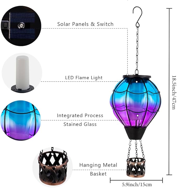 Solar Hot Air Balloon Lantern with Flame Flickering LED Glass Hot Air Balloon Solar Lanterns Outdoor Waterproof Hanging Lights for Patio,Porch,Yard,Garden Decor Mother Day Gifts for Women