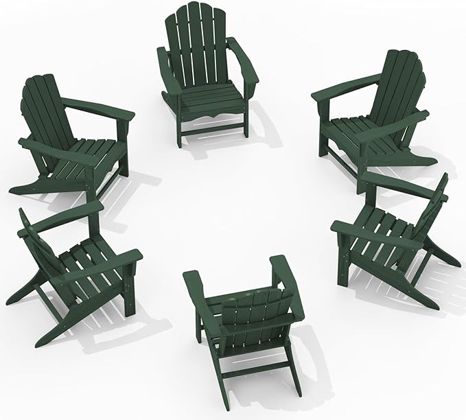 KINGYES HDPE Adirondack Chair Set of 6, Classic All-Weather Adirondack Chair, Green