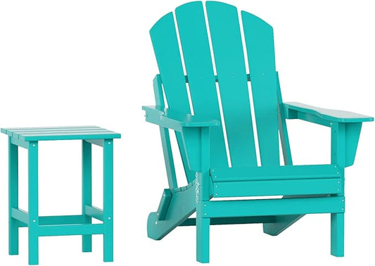 WO Home Furniture Adirondack Chair Table Set of 2 PCS Outdoor Folding Chair w Side Table Weather/UV Resistant for Lawn, Garden, Bon Fire, Balcony (Turquoise)