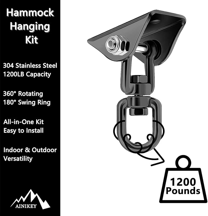 Heavy Duty Hammock Hanging Kit, 360° Rotating 1200 lb Swing Hangers for Hammock Chair Stand, Seat, Porch Swing, Yoga, Tree, Ceiling Mount, Indoor Outdoor Hanging Hardware Black | Pack of 2