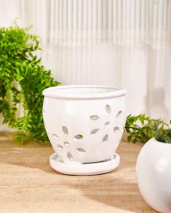 vensovo 5 Inch Ceramic Orchid Pots with Holes and Saucers - 1 Pcs Small Succulent Pot for Repotting, Garden Flowerpots for Plants Indoor and Outdoor Promotes Air Circulation, White