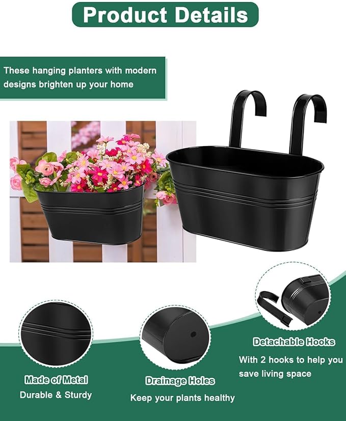 vensovo Metal Railing Planter for Outdoor Plants - 3 Pack Balcony Hanging Flower Pots with Detachable Hooks and Drain Holes Oval Bucket Rail Box Fence Planters for Home Garden Decor, Black