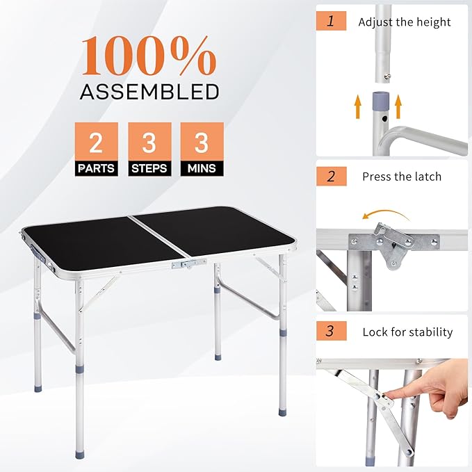 Outvita 3ft Portable Folding Camping Table, Outdoor Waterproof Adjustable Height Table, Aluminum Lightweight Suitcase Foldable Table for Picnic BBQ Beach Dining
