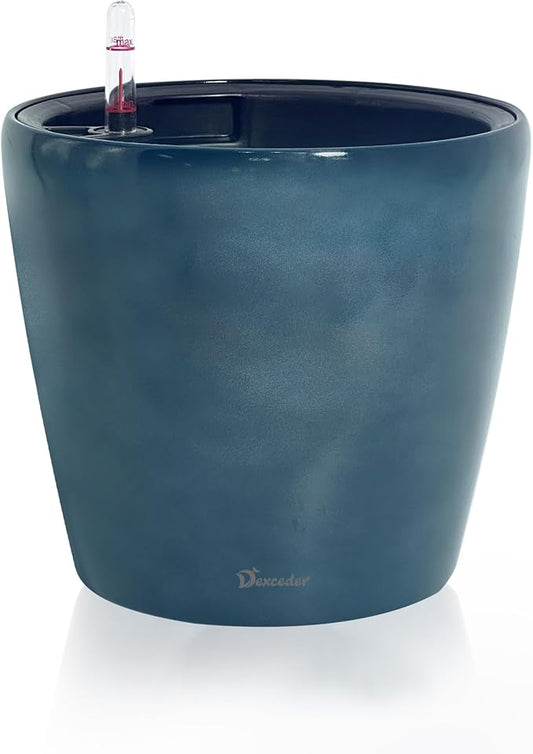 Dexceder 11x10 Inches Self Watering Planter Indoor Outdoor, Inner Pot Design, Thickened Table Flower Plant Pot with Water Level Indicator (Grayish Green Gradient)