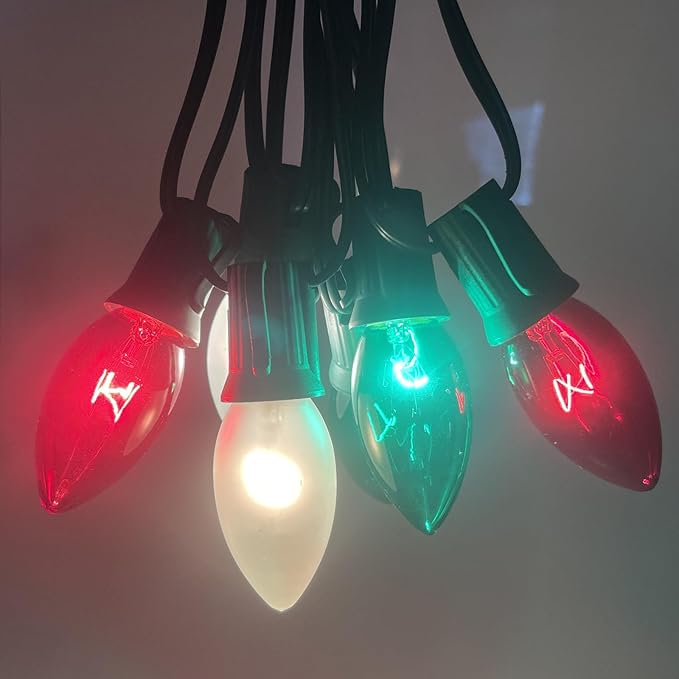 25FT C9 Christmas Lights Outdoor,Red White Green Christmas Lights with 26 Bulbs(1 Spare),C9/ E17 Base,Vintage Colored Christmas Lights for Garden, Yard, Party, Christmas Tree Decorations