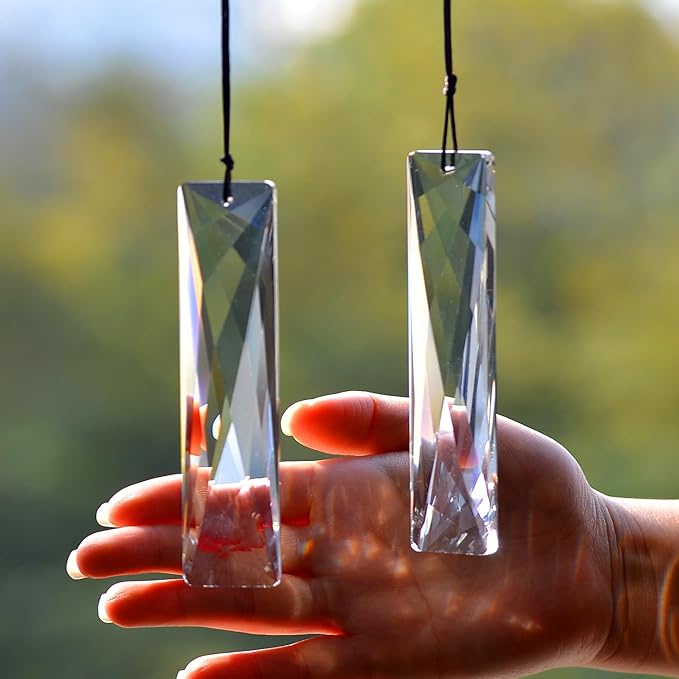 2PCS 5" Large Crystal Sun Catcher Prisms, STINO Hanging Suncatchers with Glass Prism, Rainbow Maker for Windows, Balcony, Kitchen, Garden Decoration (1, Net Rectangle Clear 2Pcs)