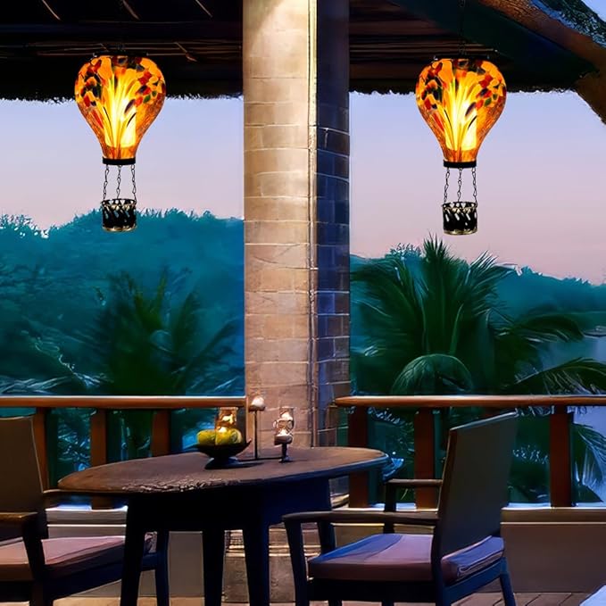 Starsoul Hot Air Balloon Solar Lantern Tie-Dye Style Glass Outdoor Hot Air Balloon Solar Flickering Flame Light Waterproof Hanging Lantern for Garden Yard Patio Decor