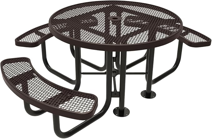 Heavy-Duty Portable Outdoor Picnic Table with Umbrella Hole, Expanded Metal Patio Dining Furniture Made in America (46" Round Top, Brown)