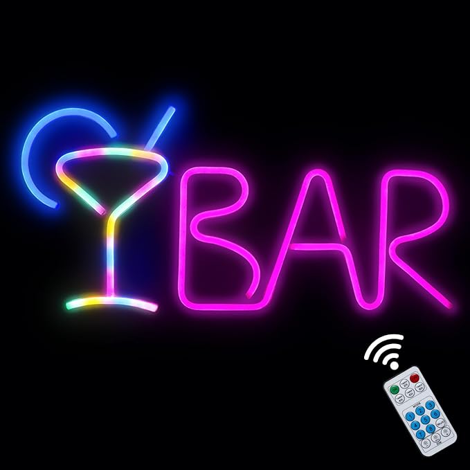iKefe Neon LED Signs Bar Letter Light Up Beer with Remote/Blue Cocktail Glass Pink LED, USB & Battery Operated Bar Light for Home Bar, Business, Pub, Bistro, Halloween Party, Wall Art Decorations