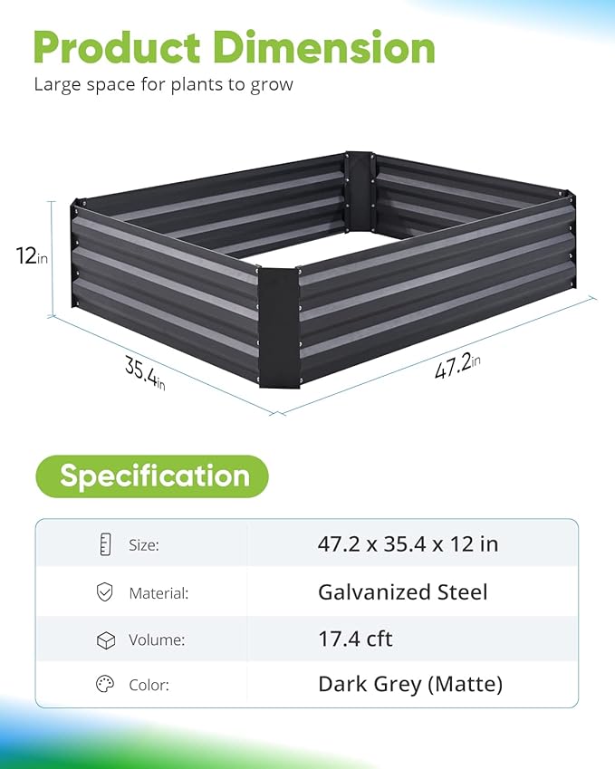 Quictent Galvanized Raised Garden Bed 4x3x1 Ft Metal Planter Box for Vegetables Bottomless for Backyard, Include 1 Tomato Cage, Dark Grey