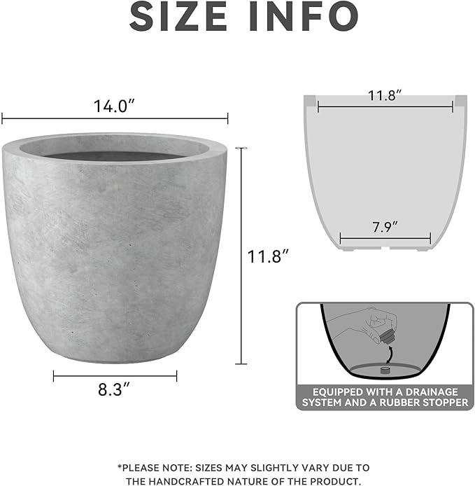 Kante 14 Inch Dia Round Concrete Planter, Indoor Outdoor Large Plant Pot with Drainage Hole and Rubber Plug for Home Patio Garden, Gray Concrete
