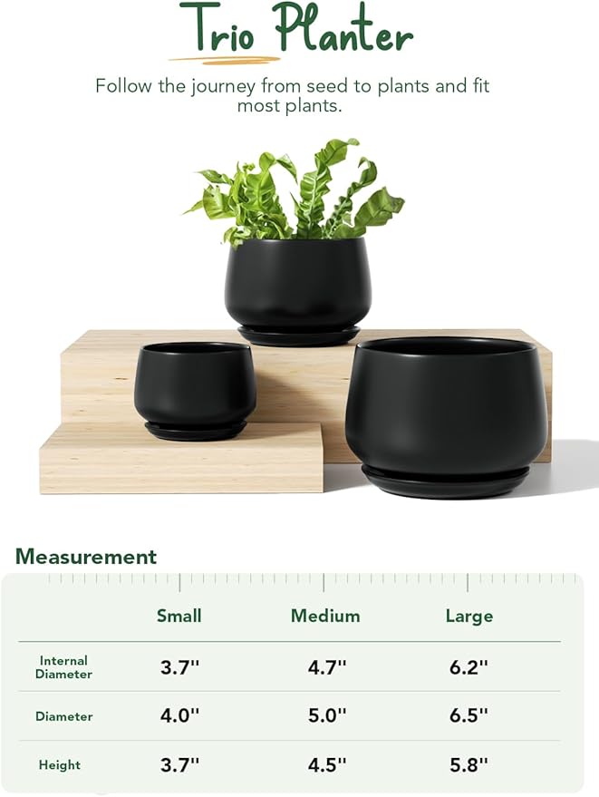 LE TAUCI Plant Pots, 4.1+5.1+6.5 inch, Set of 3, Ceramic Planters with Drainage Hole and Saucer, Indoor Flower Pot with Hole Mesh Pad, Gifts for Mom, Black