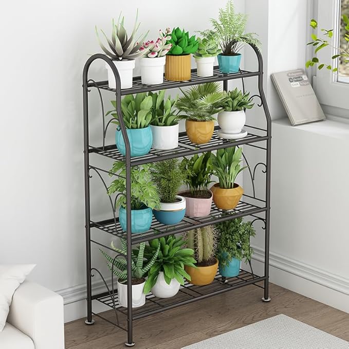 4 Tier Metal Plant Stand with wheels rack, Heavy Duty Metal Plant Shelf for Indoor/Outdoor Living Room, Balcony, Garden, Black