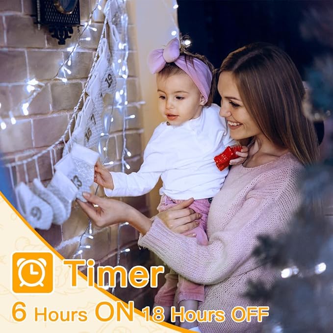 Ollny Outdoor String Lights 200LED 60FT, Cool White Connectable Plug in Fairy Light, 8 Modes Waterproof Timer Christmas Lights for Indoor Outside Bedroom House Party Wedding