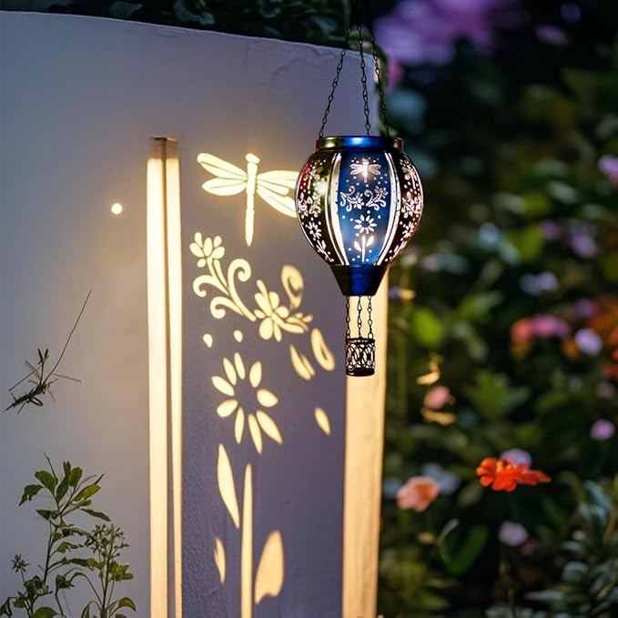 Starsoul Hot Air Balloon Solar Lantern with Dragonfly Projection Metal Outdoor Waterproof Hanging Hot Air Balloon Solar Lights for Garden Yard Patio Decor