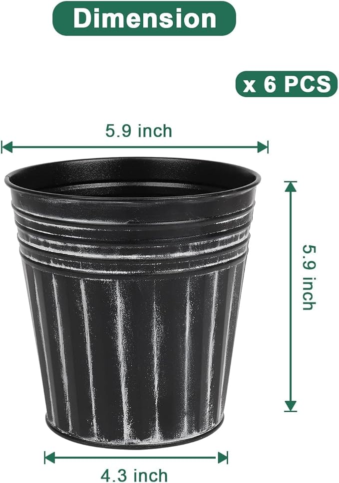 vensovo 6 Inch Black Metal Rustic Flower Pots - 6Pcs Galvanized Planters with Drainage Hole and Rubber Plug, Rustproof Metal Bucket Plant Pots Farmhouse Vintage Style for Decor