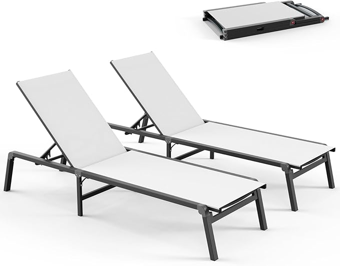 Pool Lounge Chairs Set of 2, Foldable Aluminum Chaise Lounge Outdoor with 5 Positions Recliner - Free Assembly - Patio Chaise Lounge Chair for Poolside, Beach, Yard (White, 2 Pack)