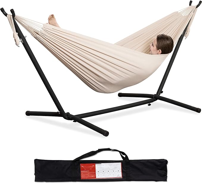PNAEUT Double Hammocks with Stand for Outside, Portable Space Saving Heavy-Duty Steel Stand for Indoor Outdoor Patio with Carrying Bag, 450 lbs Capacity (Beige)