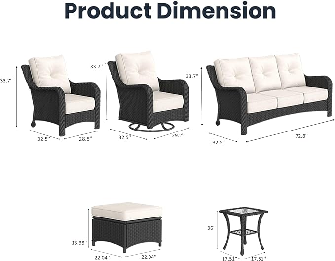 9 Pieces Outdoor Patio Furniture Sets with Rocking Swivel Chairs with 6-inch Thick Cushion and Side Table for Deck Lawn