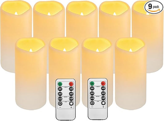 Flickering Flameless LED Candles with 10-Key Remote & Timer, Waterproof Outdoor Indoor f Battery Operated Candles for Home/Wedding/Festival Décor Set of 9 (D3 x H5.5) Ivory