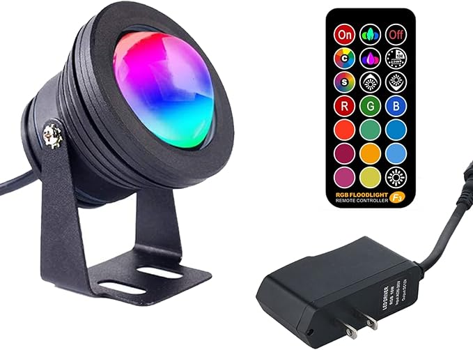 Spot Lights Outdoor 10W RGB Color Changing Low Voltage Landscape Lighting, IP67 Waterproof Outdoor Spotlight Remote Control Flood Light for Yard Garden House US Plug