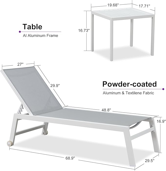 PURPLE LEAF Oversize Outdoor Chaise Lounge Set of 4 Outdoor White Aluminum Lounge Chairs with Side Table and Wheels Patio Lounge Chair for Yard Pool Deck, Bluish-Gray