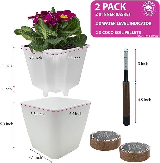 GARDENIX DECOR 5" Self Watering pots for Indoor Plants - Flower Pot with Water Level Indicator for Plants, Grow Tracking Tool - Self Watering Planter Plant Pot – 2 Pack White