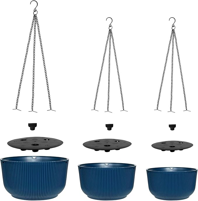 Hanging Planters for Indoor Plants 9/10/11 Inch, 3 Pack Plant Hanger Outdoor with Drainage Holes, Self Watering Hanging Basket Flower Pot for Garden Home Decor, Dark Blue