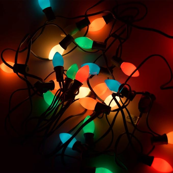 25Ft Multicolor Christmas Lights C7 Vintage Christmas String Lights with 27 Multicolor Ceramic Bulbs (2 Spare), Hanging Outdoor String Lights for Christmas Holiday Wedding Party Garden Decor- Green