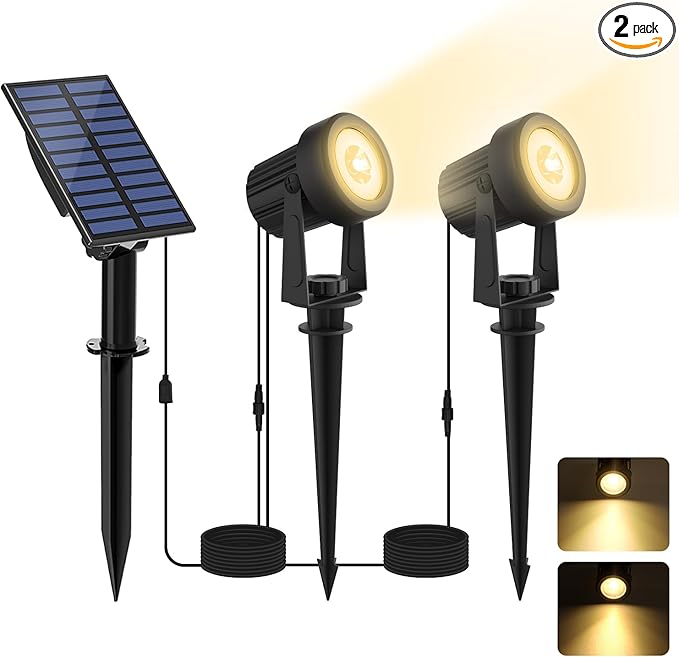 Solar Spotlights Outdoor 2Pack Warm White Auto Dusk to Dawn Landscape Lights, IP65 Waterproof Solar Lights for Garden Yard Path 2-in-1 Ground or Wall Mount