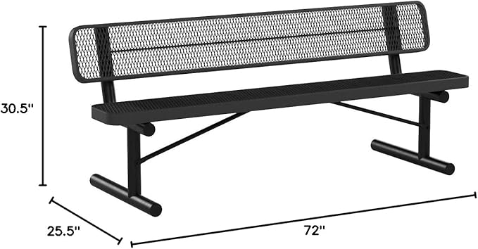 Coated Outdoor Furniture Heavy-Duty Portable Outdoor Bench Thermoplastic Coated, Expanded Metal, Commercial-Grade Seating, Made in America (Portable with Back, 6 Ft, Black)