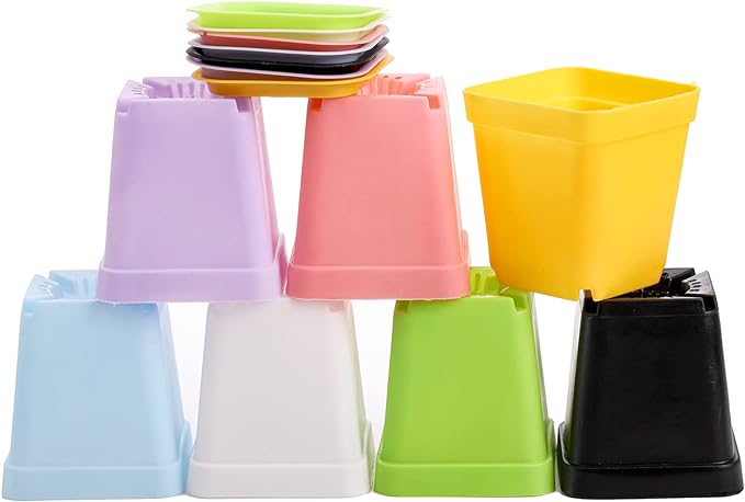 Hedume 70 Pack Mini Plastic Flower Seedling Nursery Pot with Pallet, 3" Colorful Square Plant Pot, Indoor Outdoor Flower Plant Container, Decor for Room, Garden, Office and Balcony (7 Colors)
