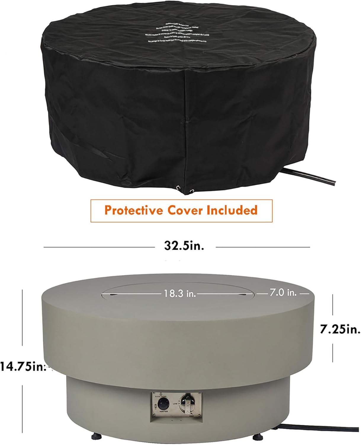 32.5-inch Outdoor Gas Fire Pit with 20lb Propane Tank Cover Table, 50,000BTU Propane Gas Fire Pits for Outside Patio w/Round Burner Lid, Glass Rocks, Pre-Attached 10ft External Gas Hose