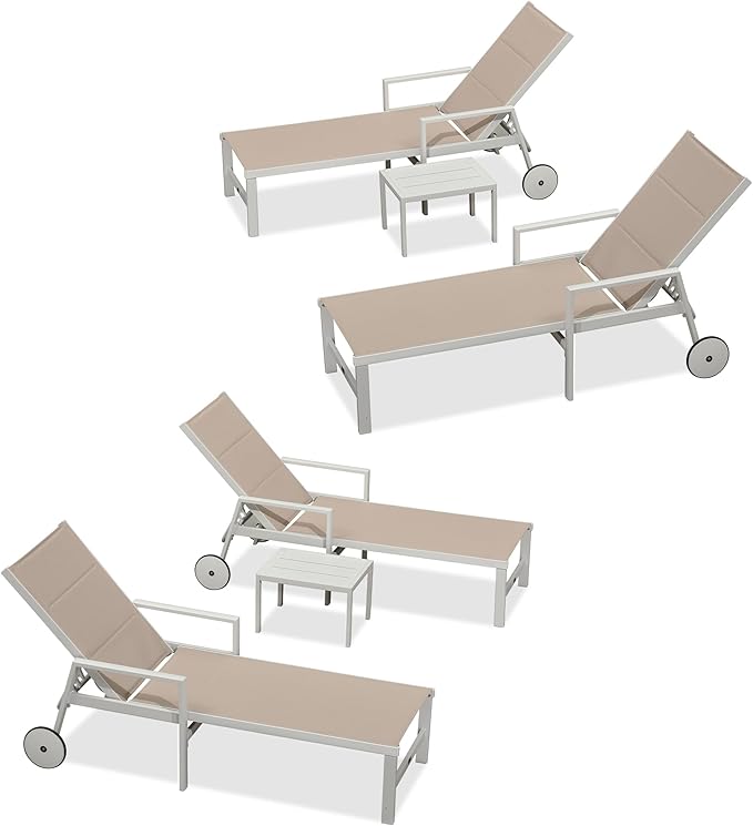 PURPLE LEAF Outdoor Chaise Lounge Adjustable Sunbathing Recliner with Armrest Khaki 2 Sets