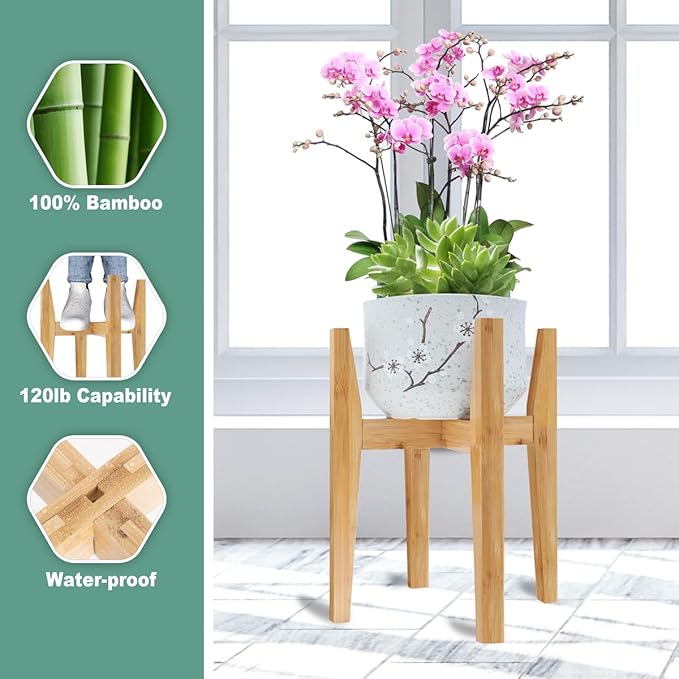 Plant Stand Indoor, Bamboo Plant Shelf, Adjustable Corner Plants Flower Holders Single Floor Plant Stand, Fits 8 to 12 Inches Pots,(Pot & Plant Not Included)(Nature)