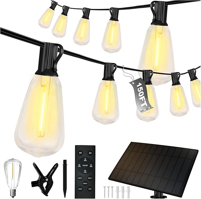 DAYBETTER 150ft Solar String Lights Outdoor Waterproof - 75 Bulbs 2700K Warm White with 7W Solar Panel, 12+ Hours Runtime & IP65 Weatherproof - Garden Patio Lights for Backyard, Wedding, Camping