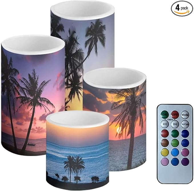 Flameless Light Candles for Home Decor, Battery Operated Candles with Color Changing Timer Remote Control 3'' 4'' 5'' 6'' Fake Pillar Candles Tealights, Coconut Tree Various