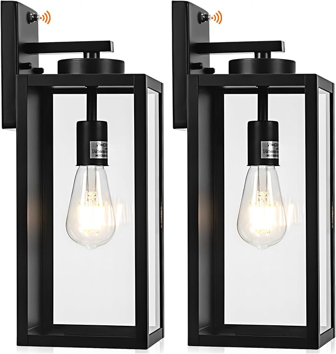 16-inch Dusk to Dawn Outdoor Wall Light Fixture, Large Black Exterior Wall Lantern Waterproof, Farmhouse Porch Sconce Lighting, Modern Wall-Mounted Outside Lights for House Garage, Patio Lamp, 2 Packs