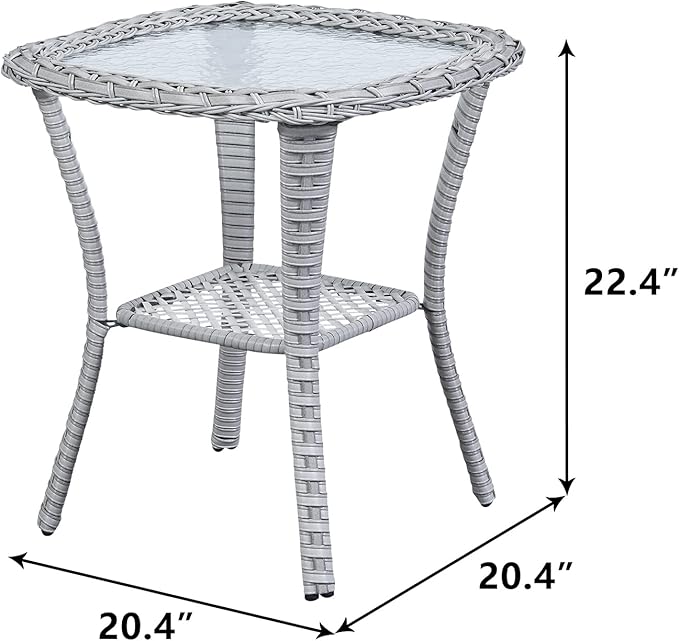 Patio Tables Wicker Side Table - Rattan Coffee Table with Glass Top End Tables for Outdoor Outside Patio Porch Square Light Grey