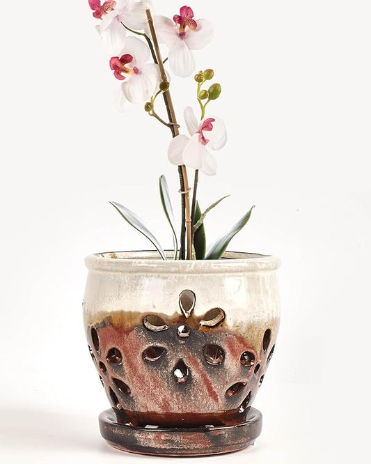 vensovo 5 Inch Ceramic Orchid Pots with Holes and Saucers - 1 Pcs Small Succulent Pot for Repotting, Garden Flowerpots for Plants Indoor and Outdoor Promotes Air Circulation, Brown Mixed