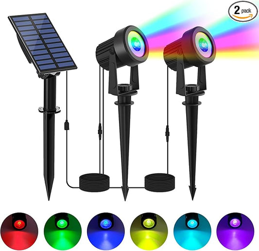 RGB Solar Spot Lights Outdoor 2Pack Color Changing Landscape Lighting IP65 Waterproof Auto Dusk to Dawn Spotlights Outside for Garden Yard Pathway