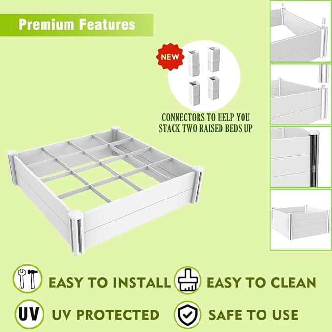 Raised Garden Bed Kit 4'x4' Outdoor Above Ground Planter Box for Growing Vegetables Flowers Herbs, DIY Gardening, Whelping Pen and More, Screwless White Vinyl Garden Bed with Grid